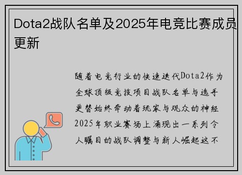 Dota2战队名单及2025年电竞比赛成员更新